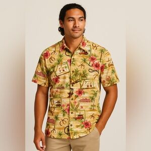 Vintage Malihini Hawaii Aloha Shirt Men’s M Palm Trees Hula Woodie Car Hawaii